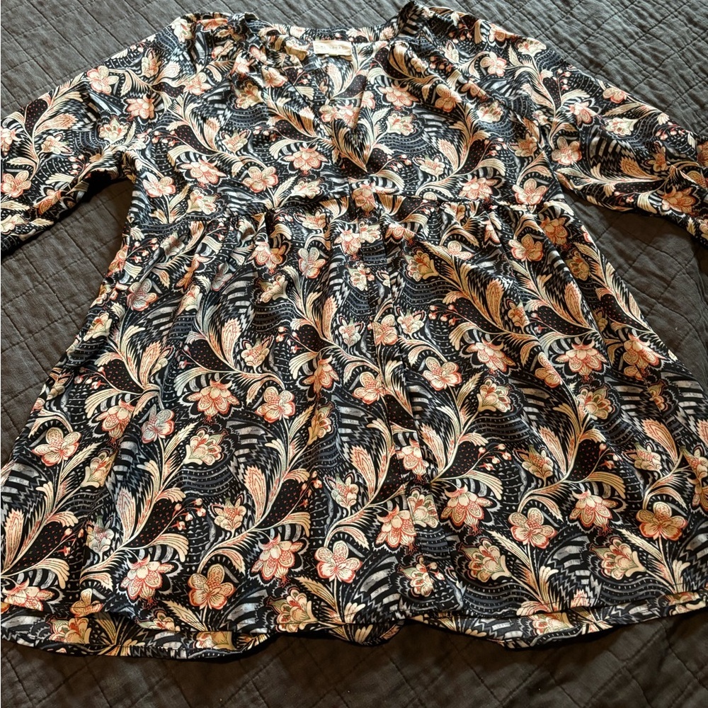 Melloday Floral Paisley Babydoll Tunic‎ Top Black Orange V-Neck Long Sleeve M